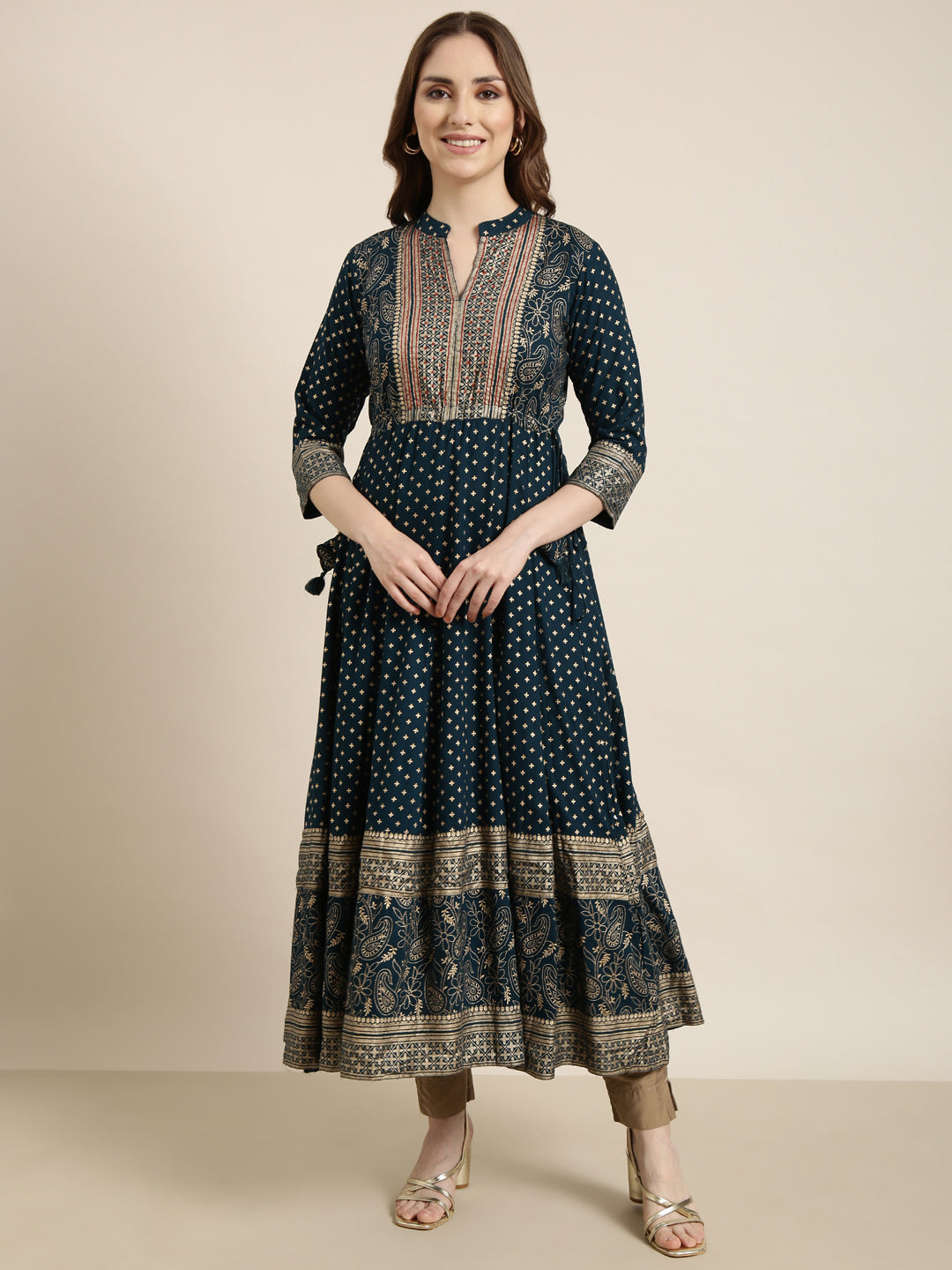 Women Anarkali Teal Floral Kurta