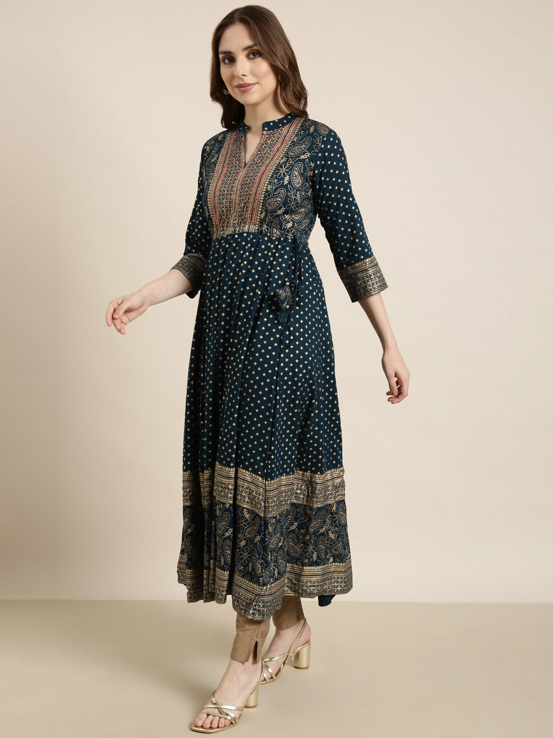 Women Anarkali Teal Floral Kurta