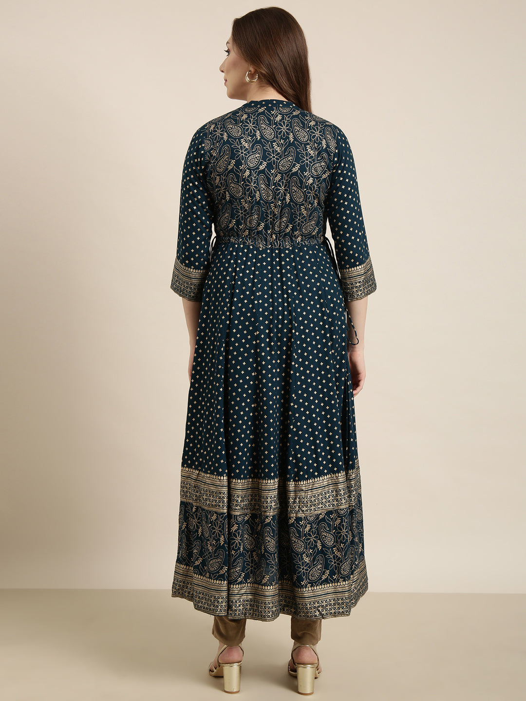 Women Anarkali Teal Floral Kurta