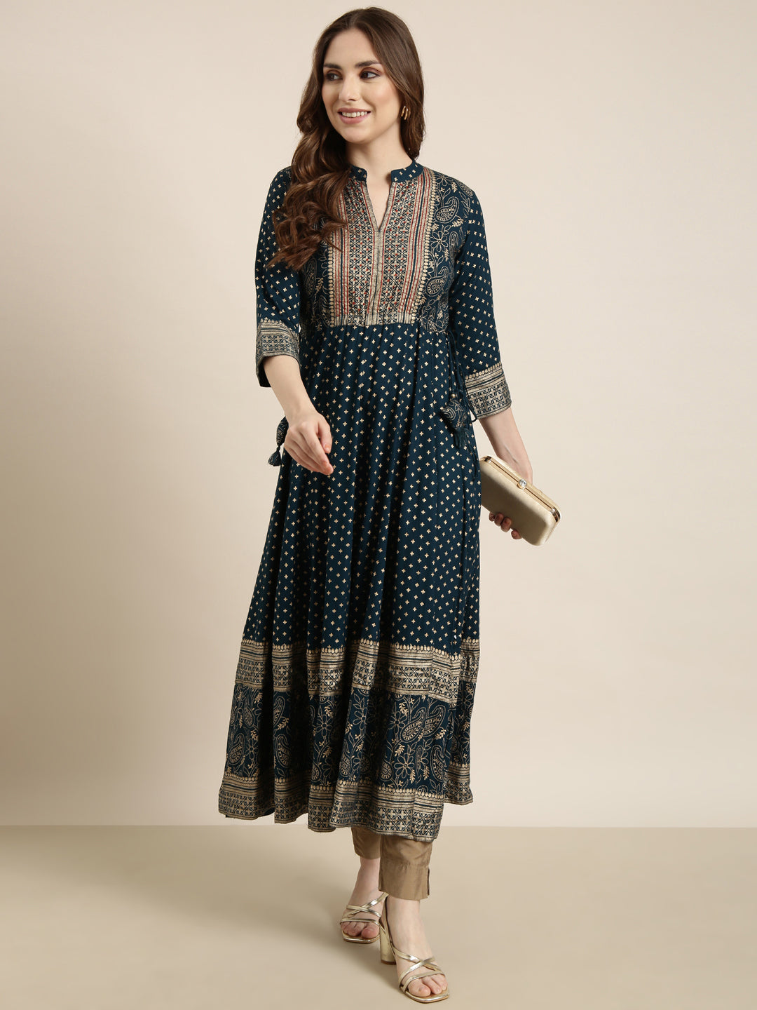 Women Anarkali Teal Floral Kurta