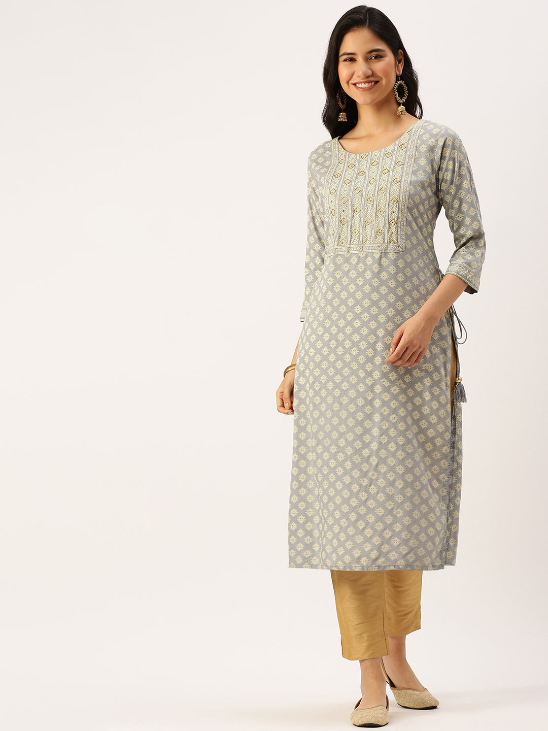 Women's Grey Printed Straight Kurtas