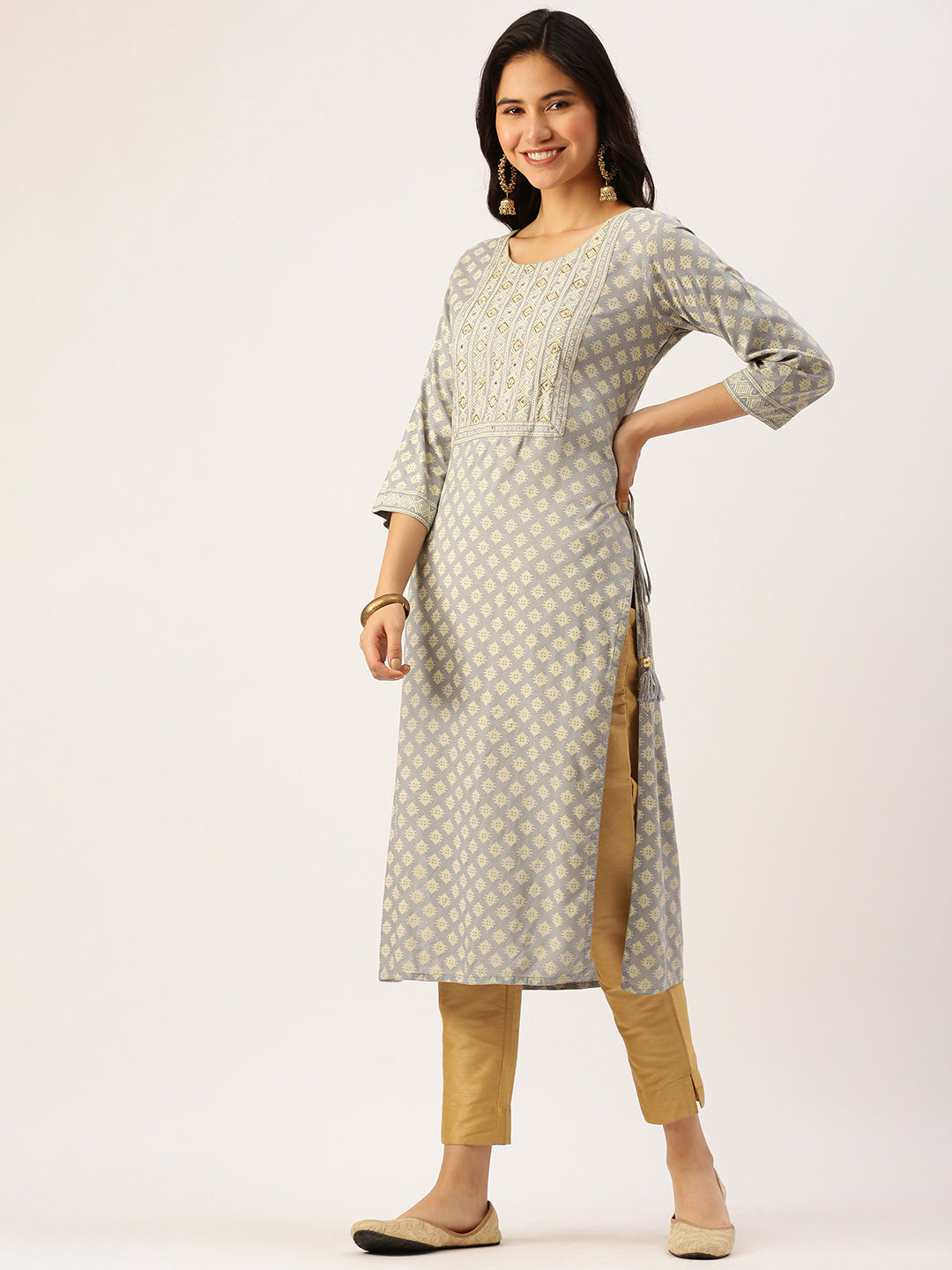 Women's Grey Printed Straight Kurtas