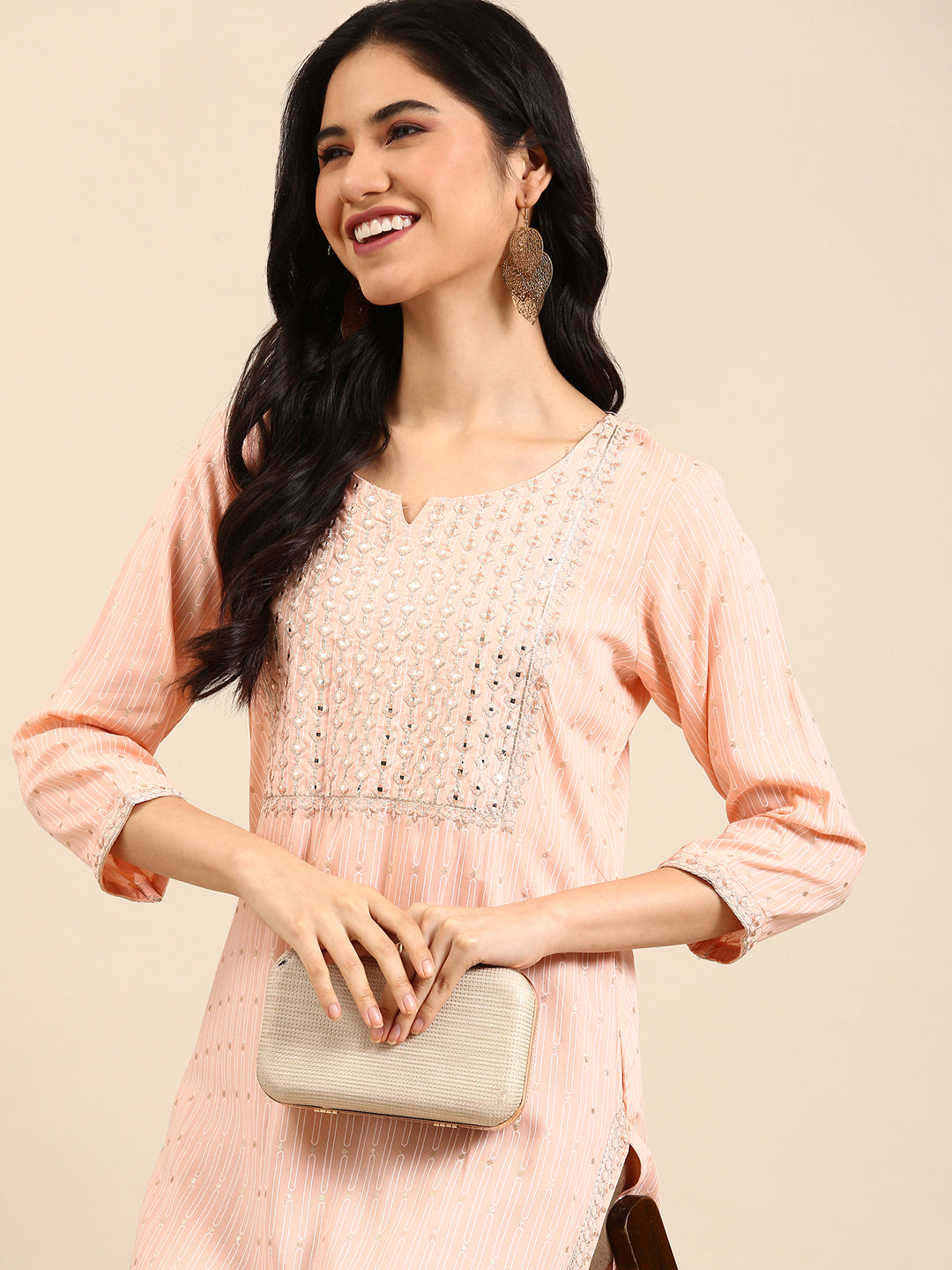 Women's Peach Printed Straight Kurta