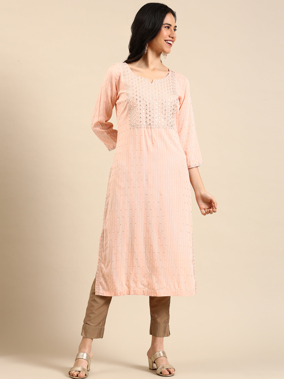 Women's Peach Printed Straight Kurta