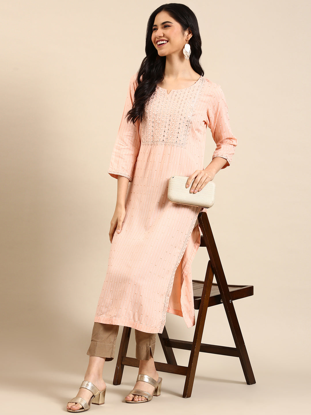 Women's Peach Printed Straight Kurta