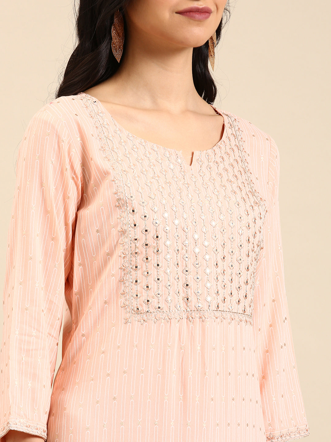 Women's Peach Printed Straight Kurta