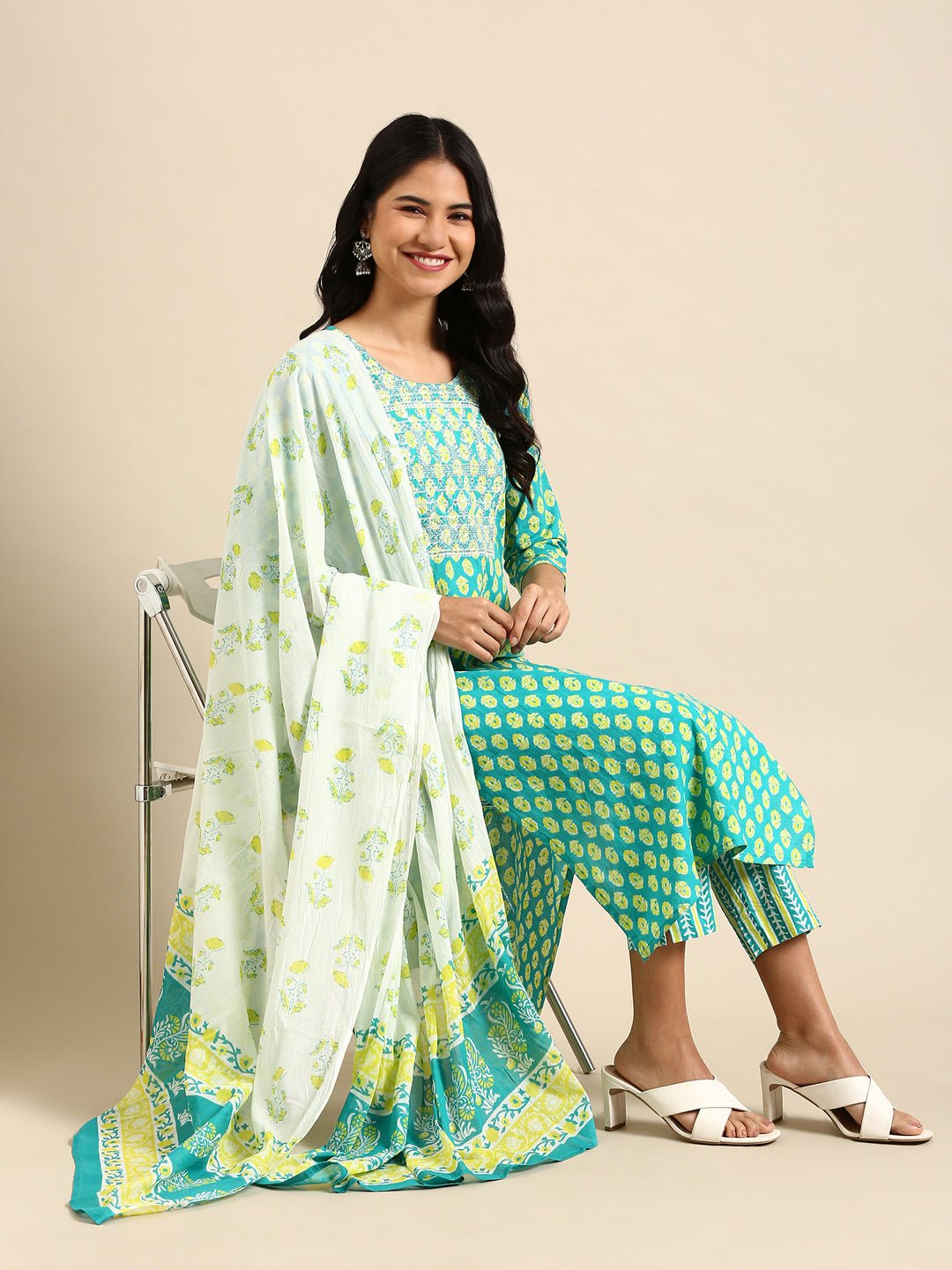 Women's Teal Printed Kurta Set