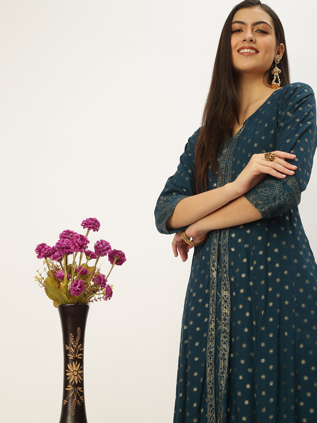 Women's Teal Printed Anarkali Kurtas