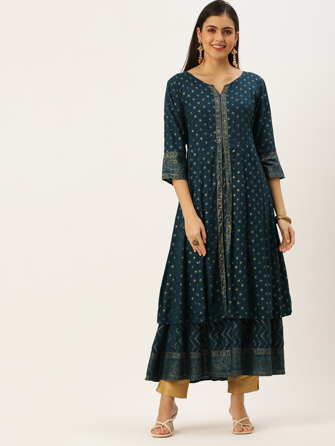 Women's Teal Printed Anarkali Kurtas