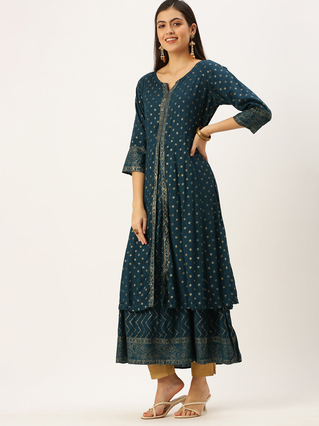 Women's Teal Printed Anarkali Kurtas