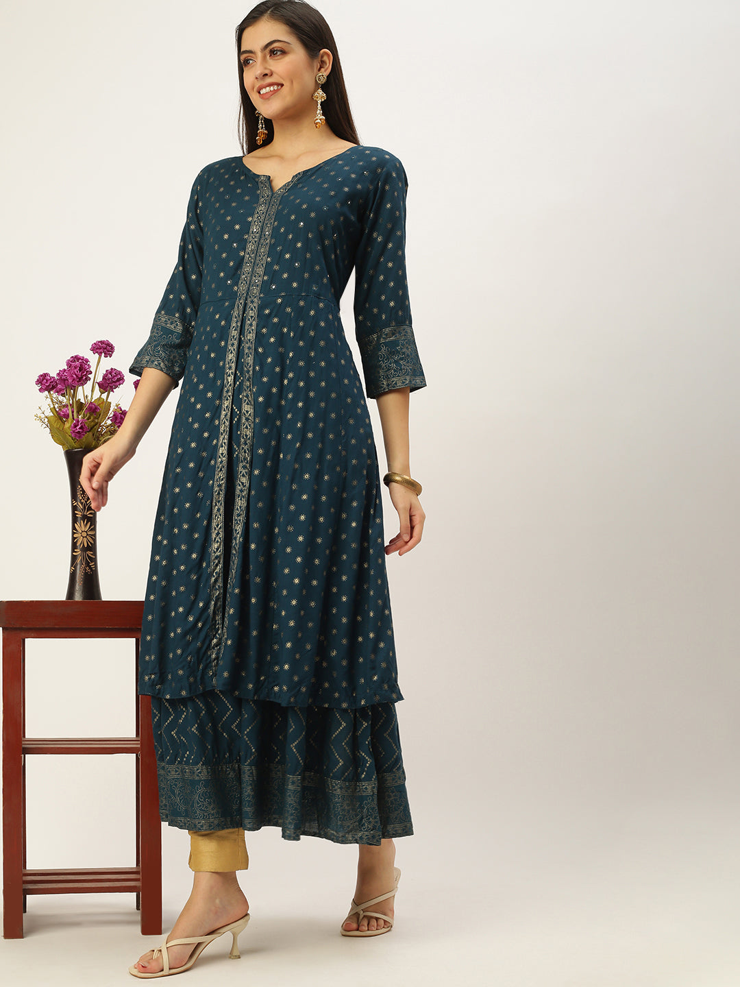 Women's Teal Printed Anarkali Kurtas