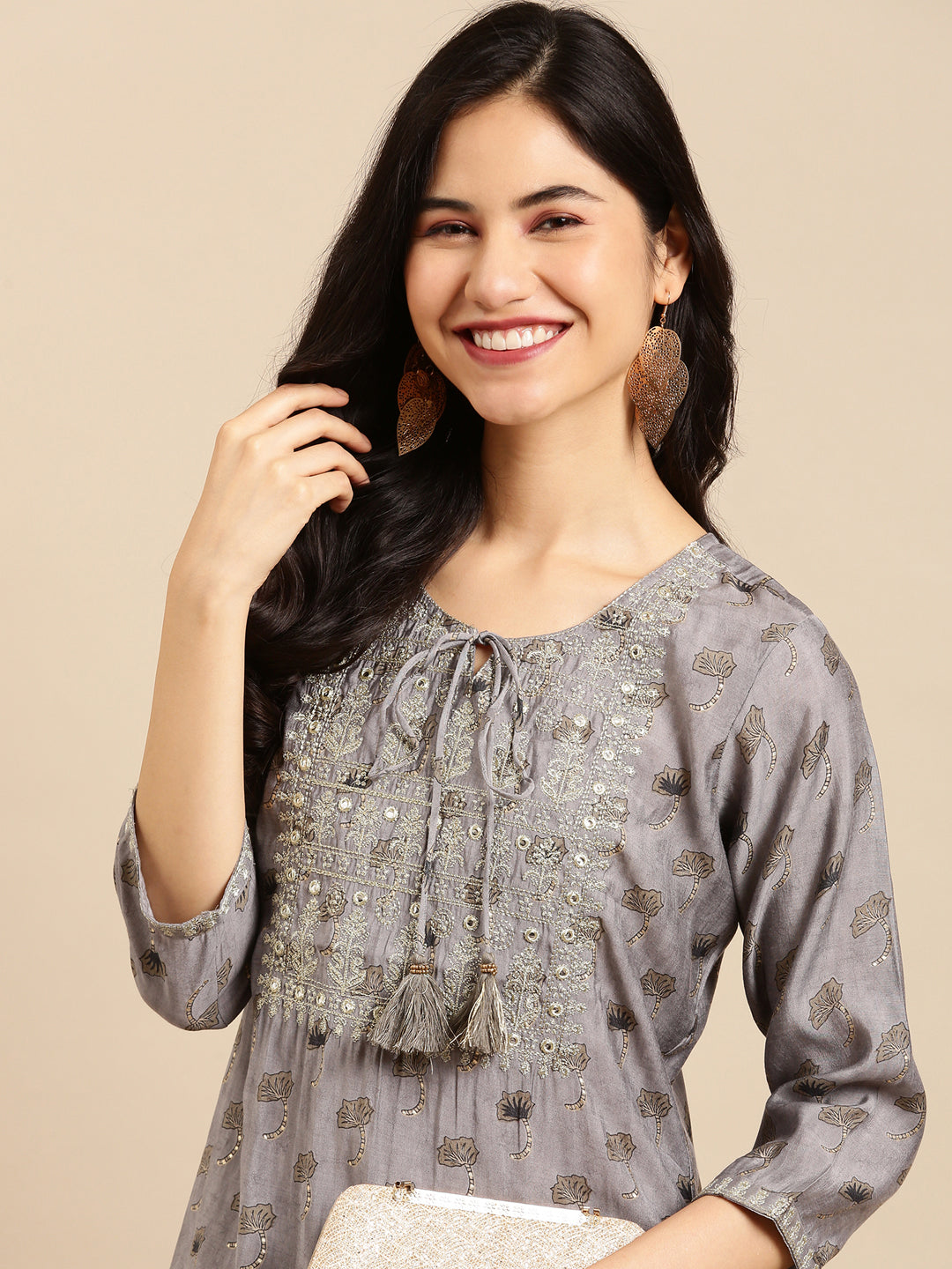 Women's Grey Printed Straight Kurta