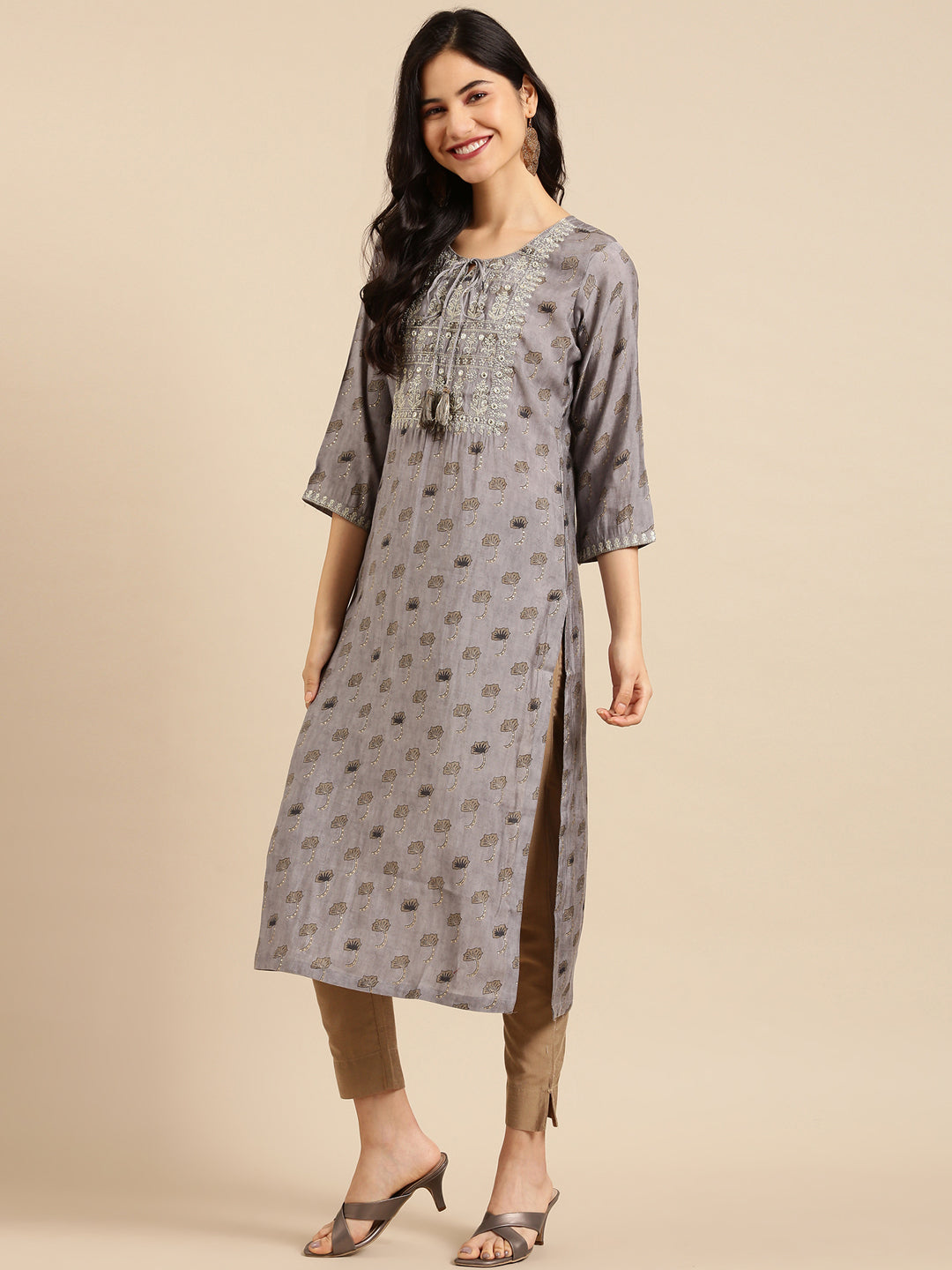 Women's Grey Printed Straight Kurta