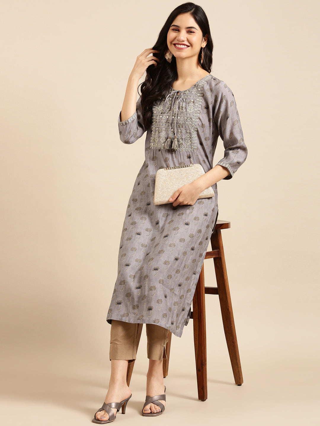 Women's Grey Printed Straight Kurta