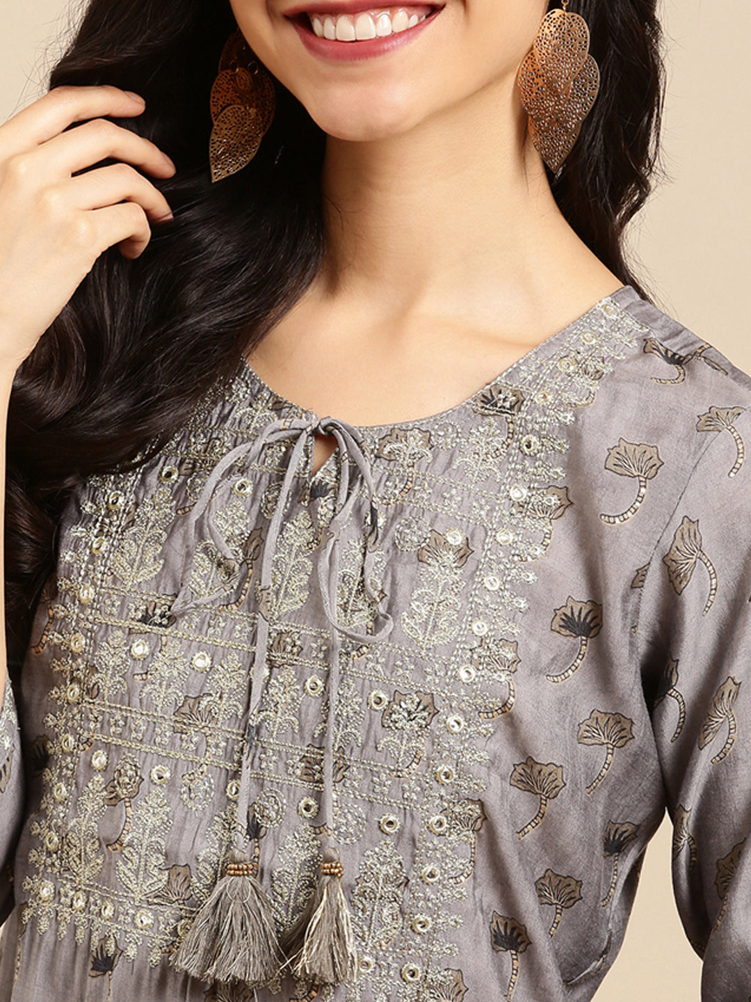 Women's Grey Printed Straight Kurta