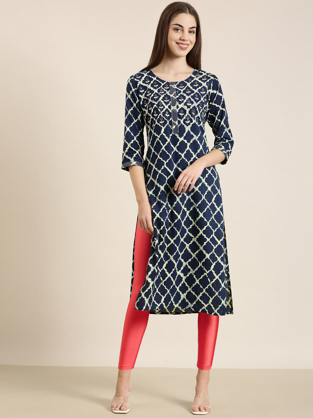 Women Navy Blue Geometrical Straight Kurta