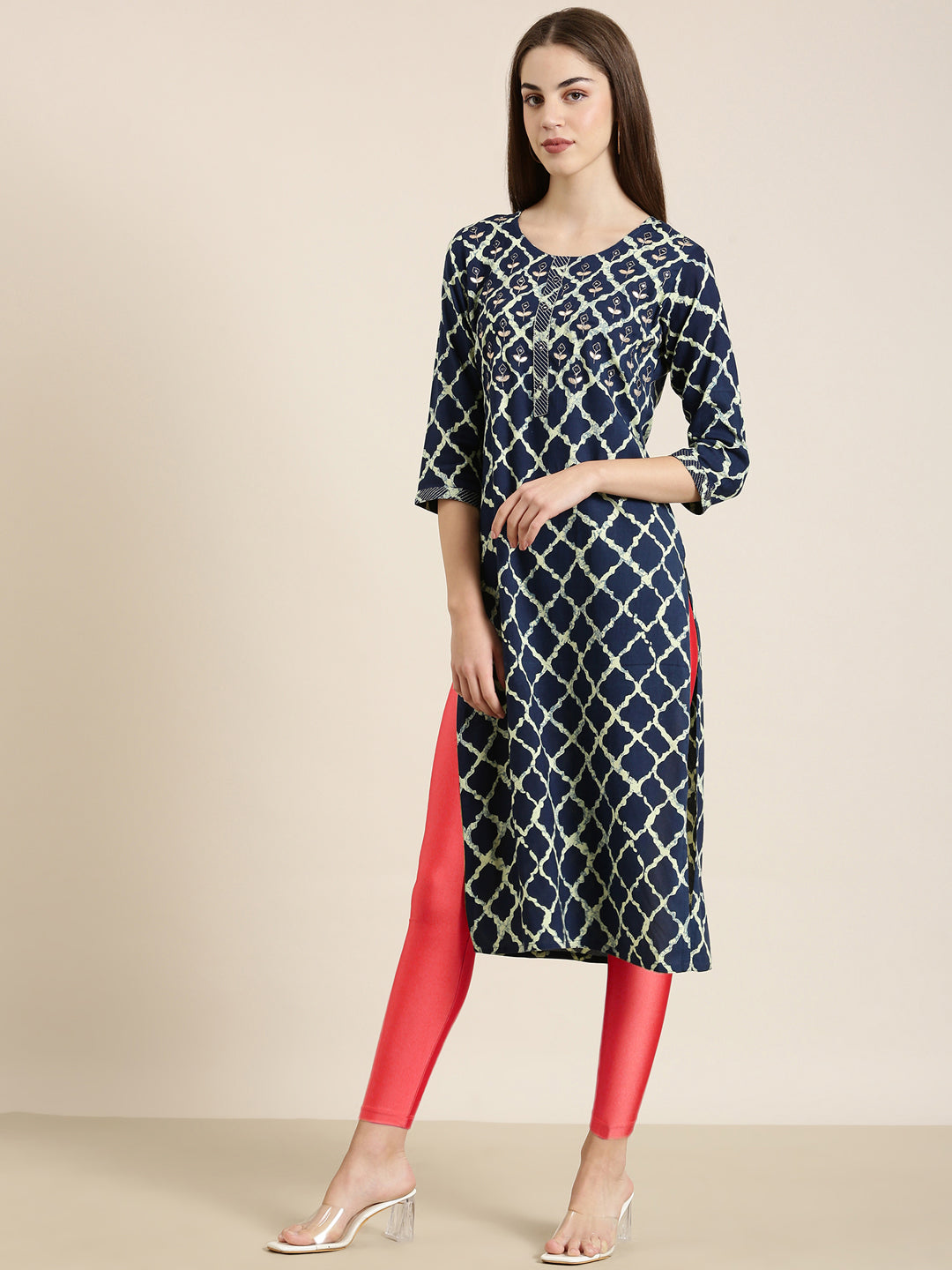 Women Navy Blue Geometrical Straight Kurta