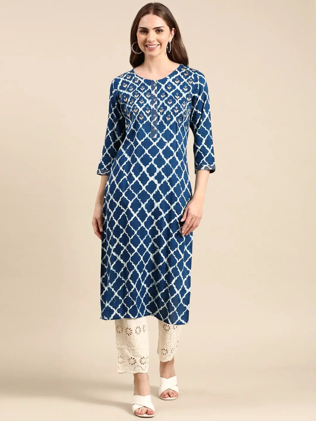 Women's Blue Printed Straight Kurta