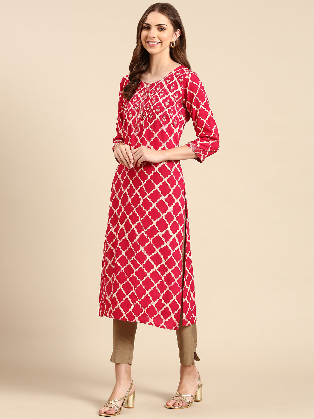 Women's Magenta Printed Straight Kurta