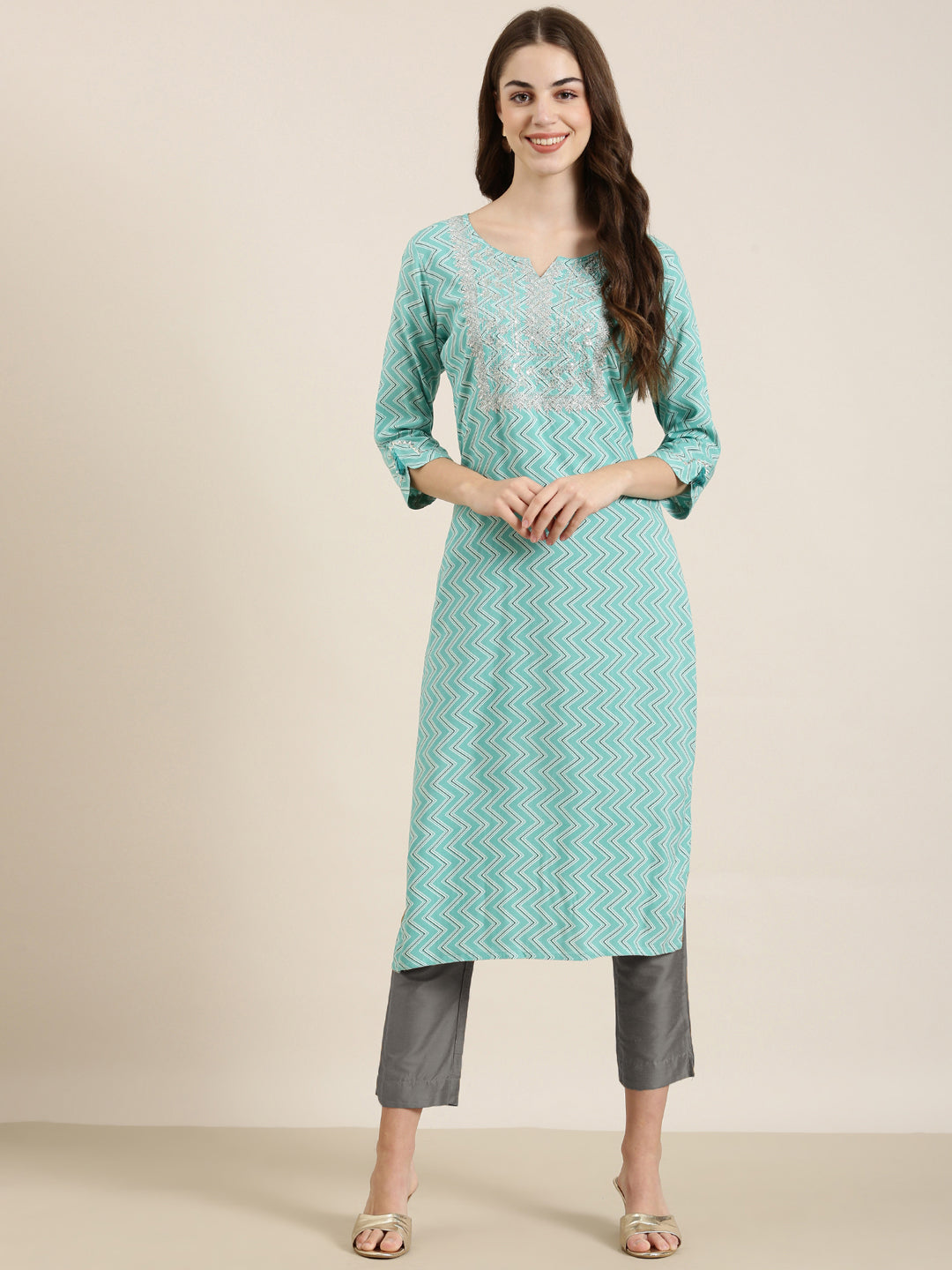 Women Turquoise Blue Chevron Straight Kurta