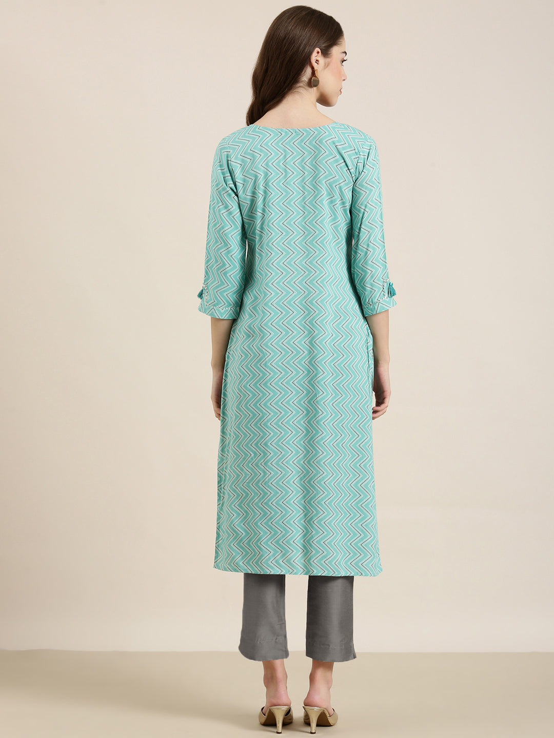 Women Turquoise Blue Chevron Straight Kurta