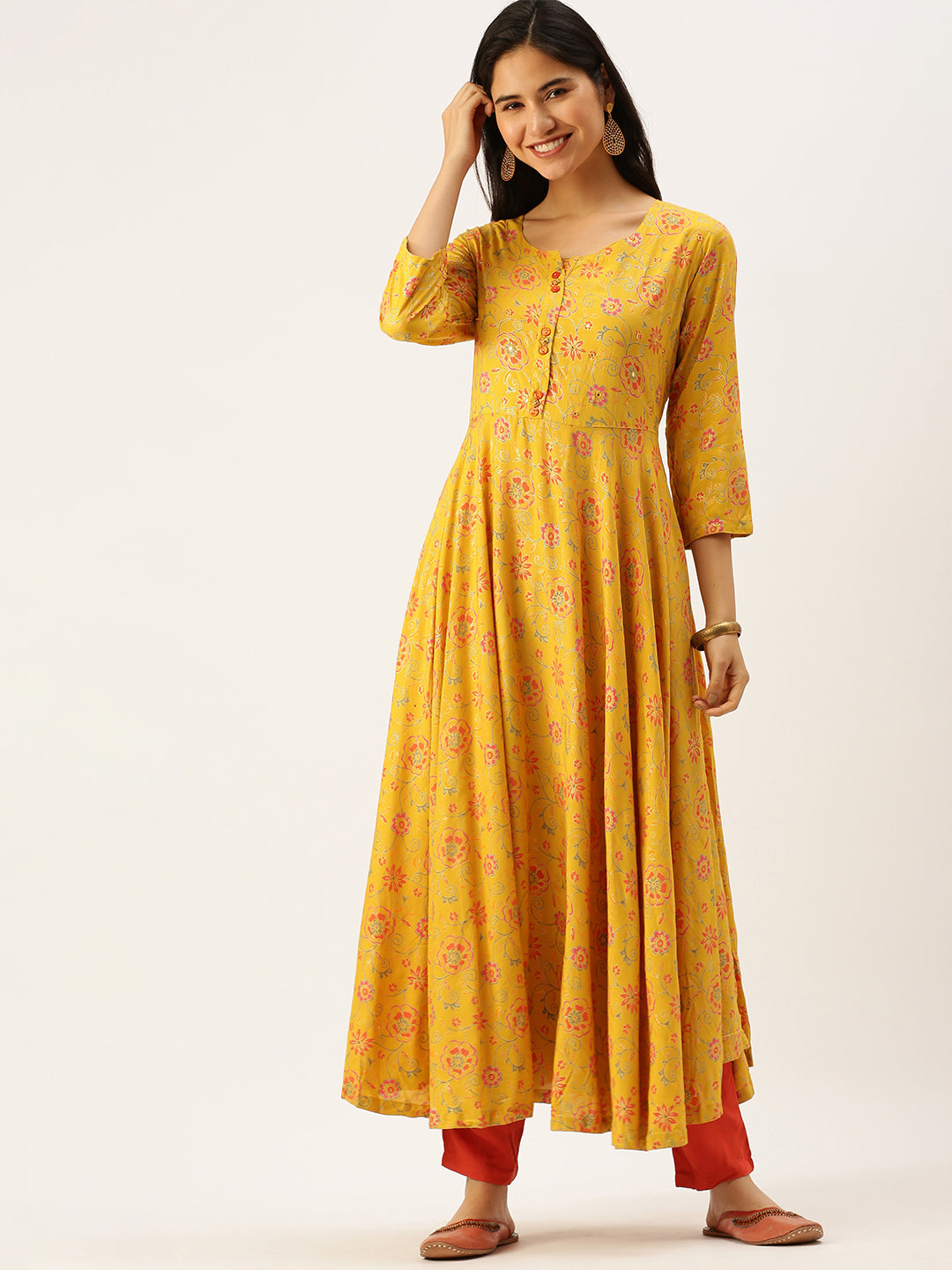 Women's Yellow Printed Anarkali Kurtas