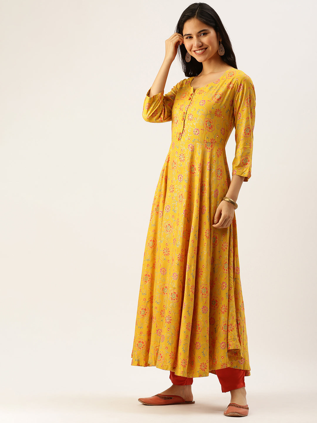 Women's Yellow Printed Anarkali Kurtas