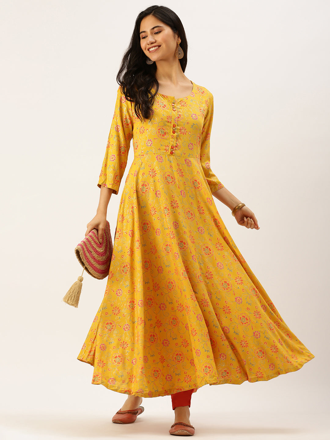 Women's Yellow Printed Anarkali Kurtas