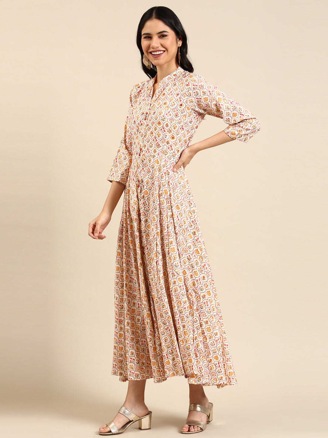 Women's Cream Printed Anarkali Kurta