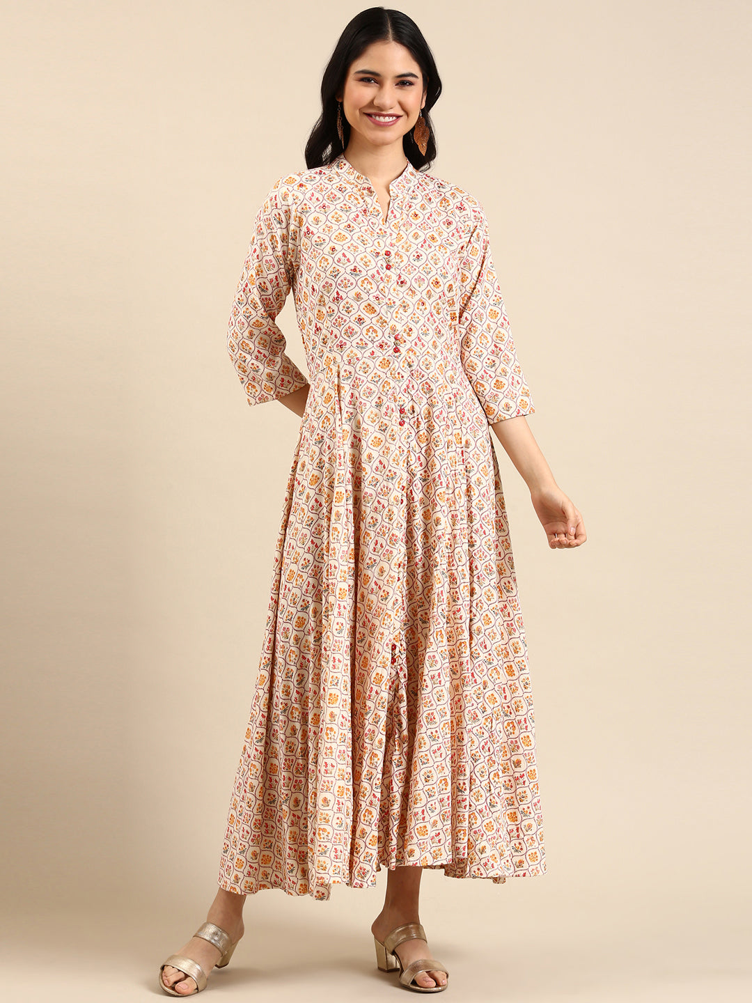 Women's Cream Printed Anarkali Kurta