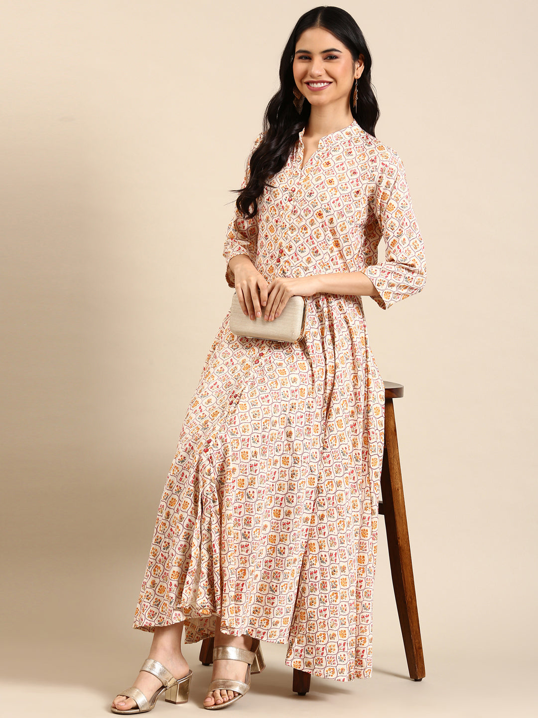 Women's Cream Printed Anarkali Kurta