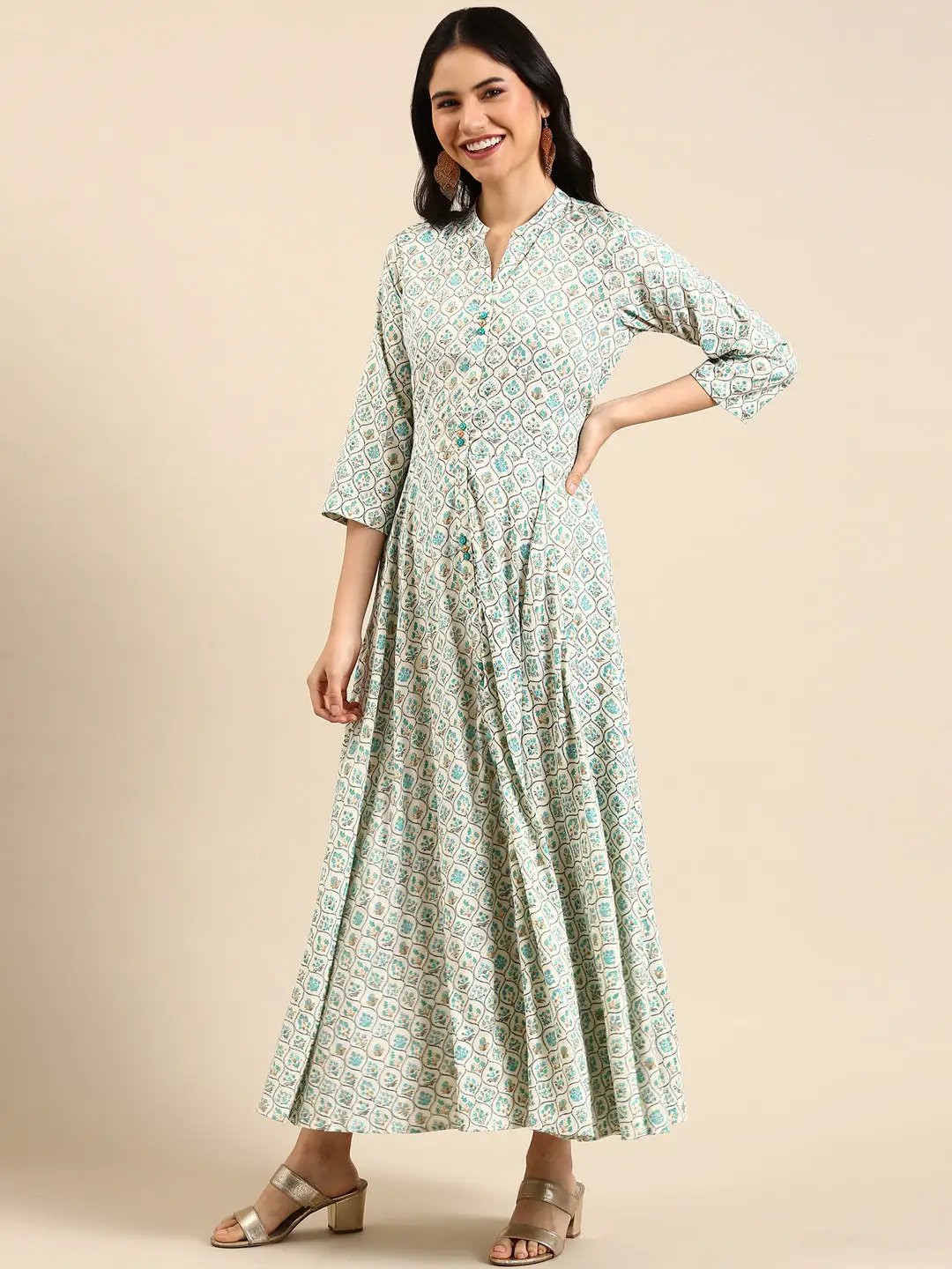 Women's White Printed Anarkali Kurta