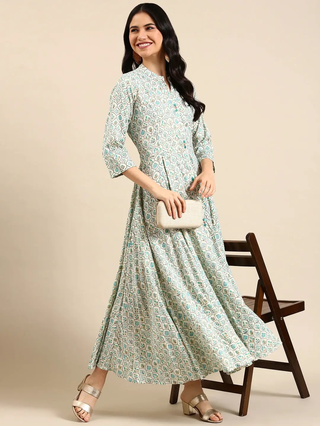 Women's White Printed Anarkali Kurta
