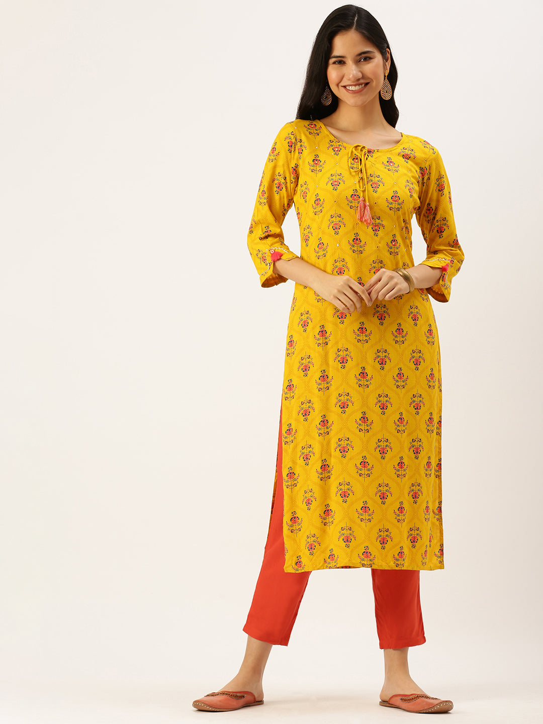 Women's Yellow Printed Straight Kurtas