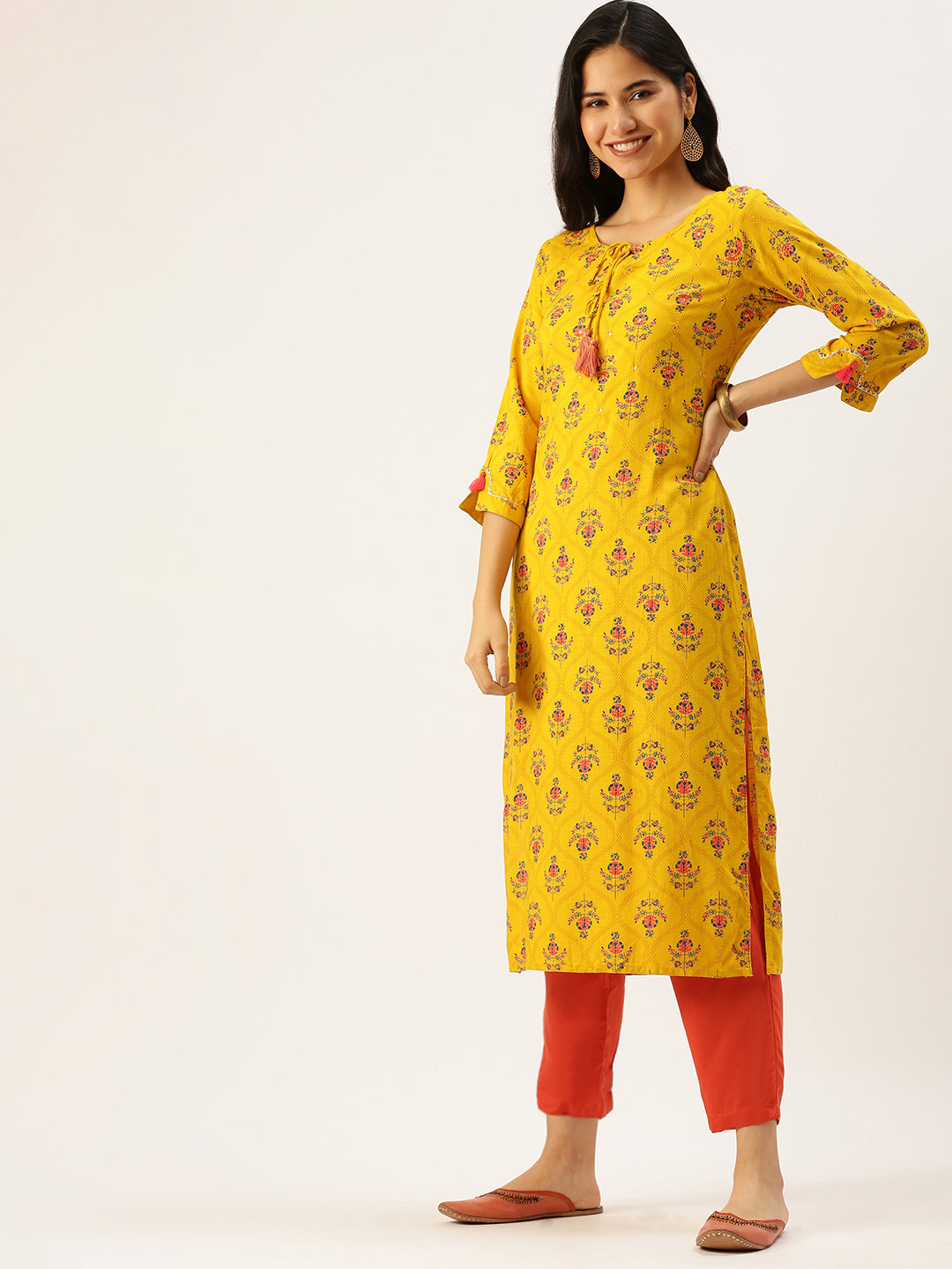 Women's Yellow Printed Straight Kurtas