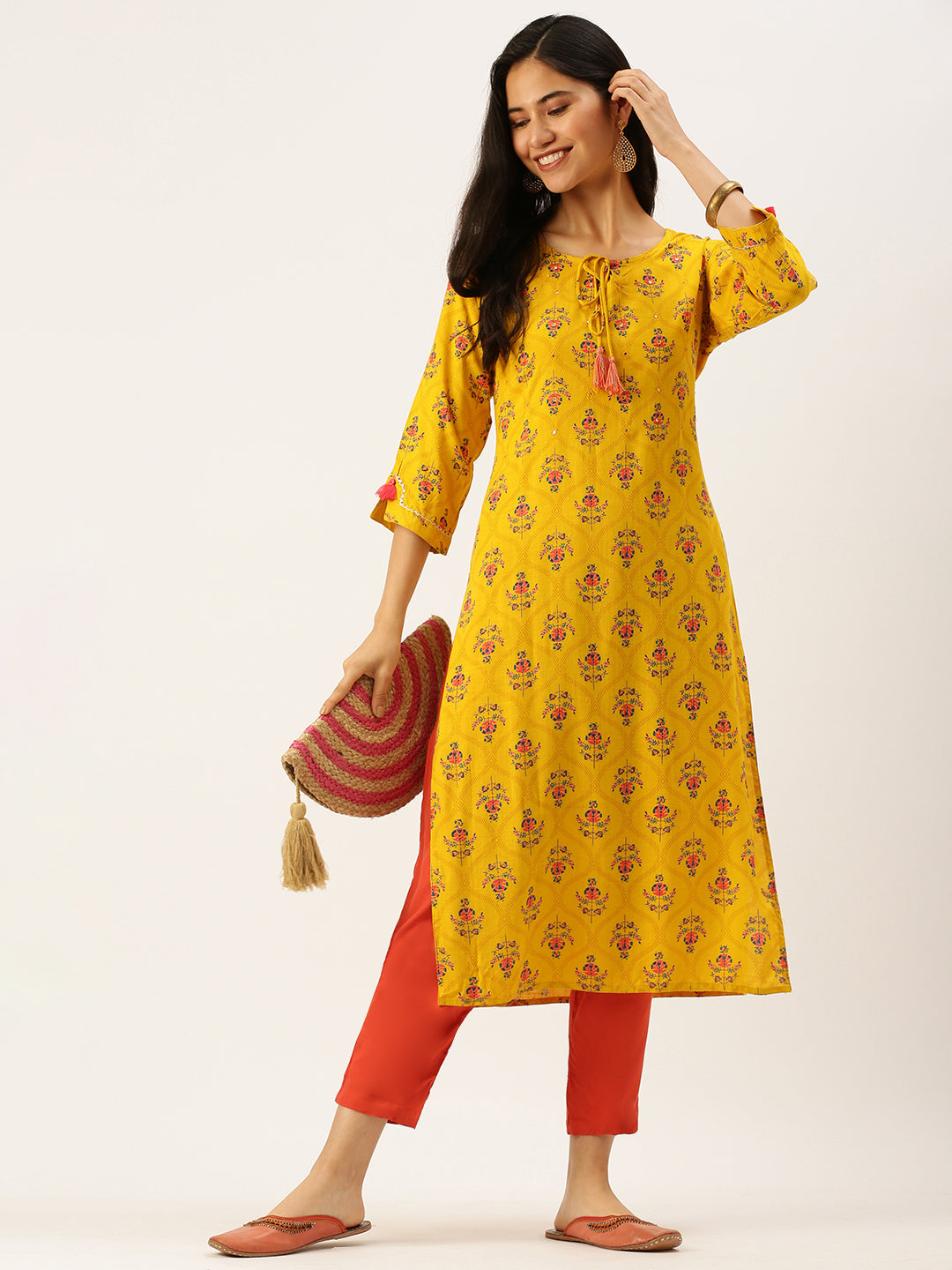 Women's Yellow Printed Straight Kurtas