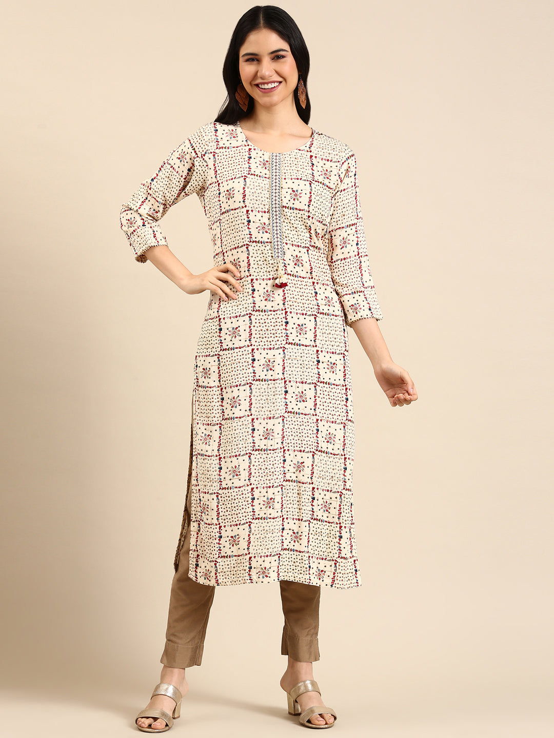 Women's Beige Printed Straight Kurta