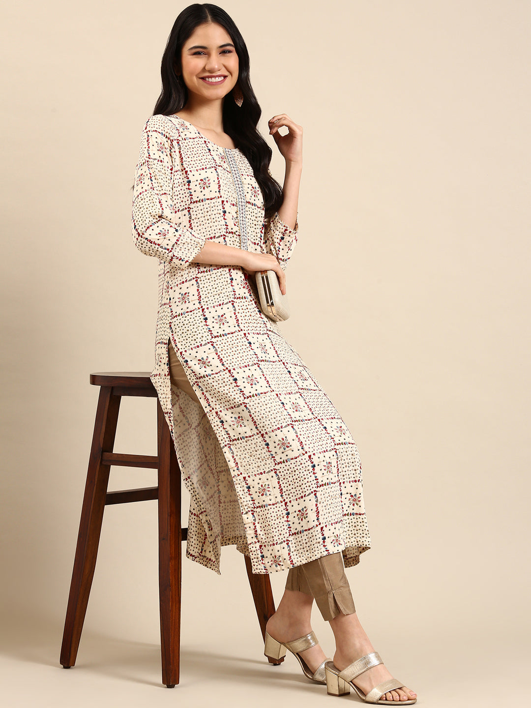 Women's Beige Printed Straight Kurta