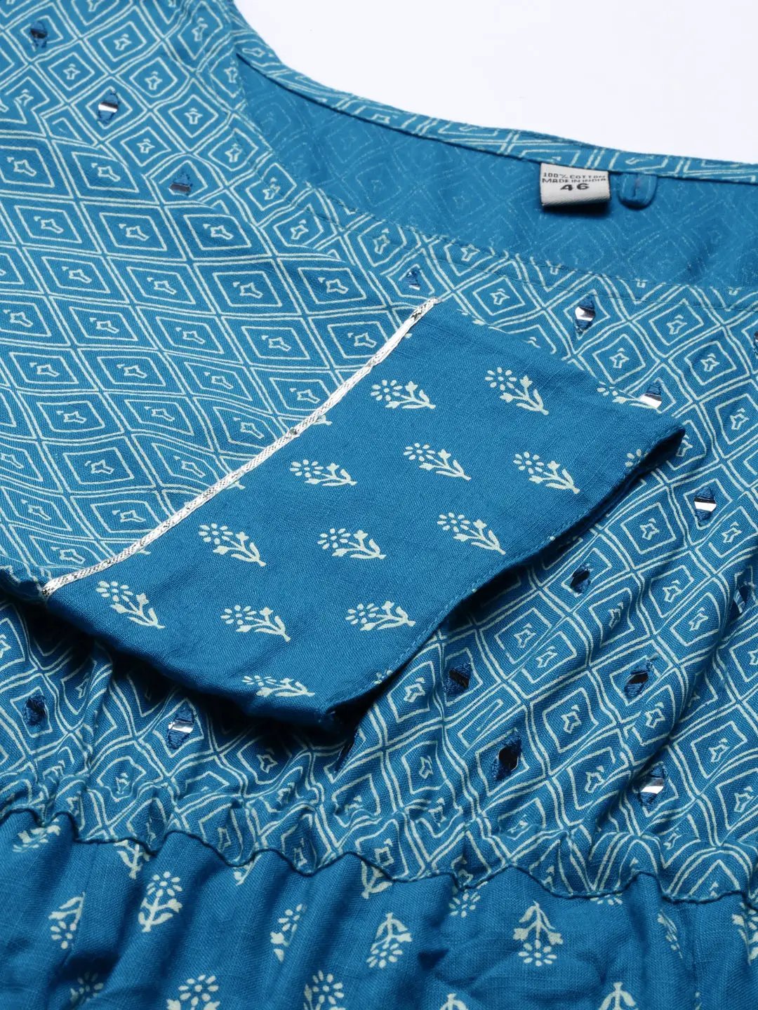 Women's Blue Ethnic Motifs Printed Mirror Work Anarkali Kurta - from SHOWOFFFF