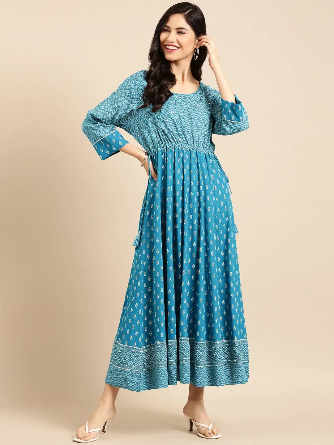 Women's Blue Ethnic Motifs Printed Mirror Work Anarkali Kurta - from SHOWOFFFF