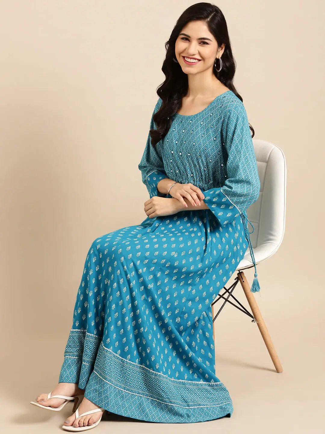 Women's Blue Ethnic Motifs Printed Mirror Work Anarkali Kurta - from SHOWOFFFF
