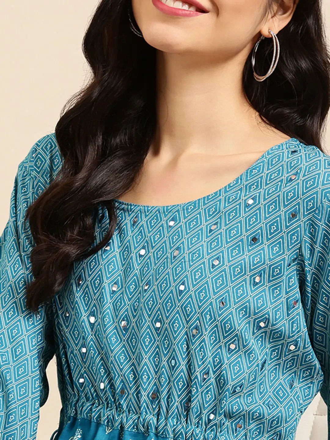 Women's Blue Ethnic Motifs Printed Mirror Work Anarkali Kurta - from SHOWOFFFF