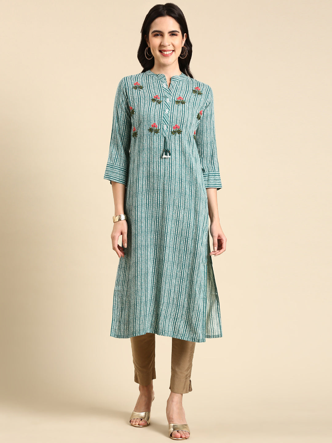 Women's Teal Printed Straight Kurta