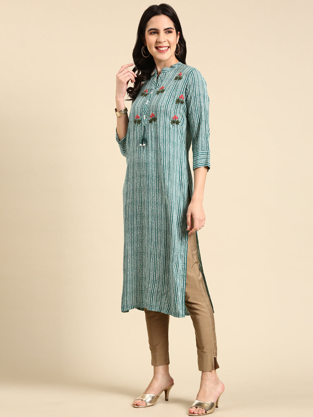 Women's Teal Printed Straight Kurta