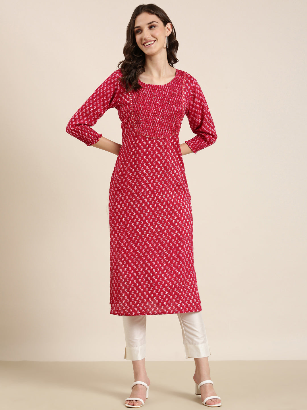 Women Fuchsia Floral Straight Kurta