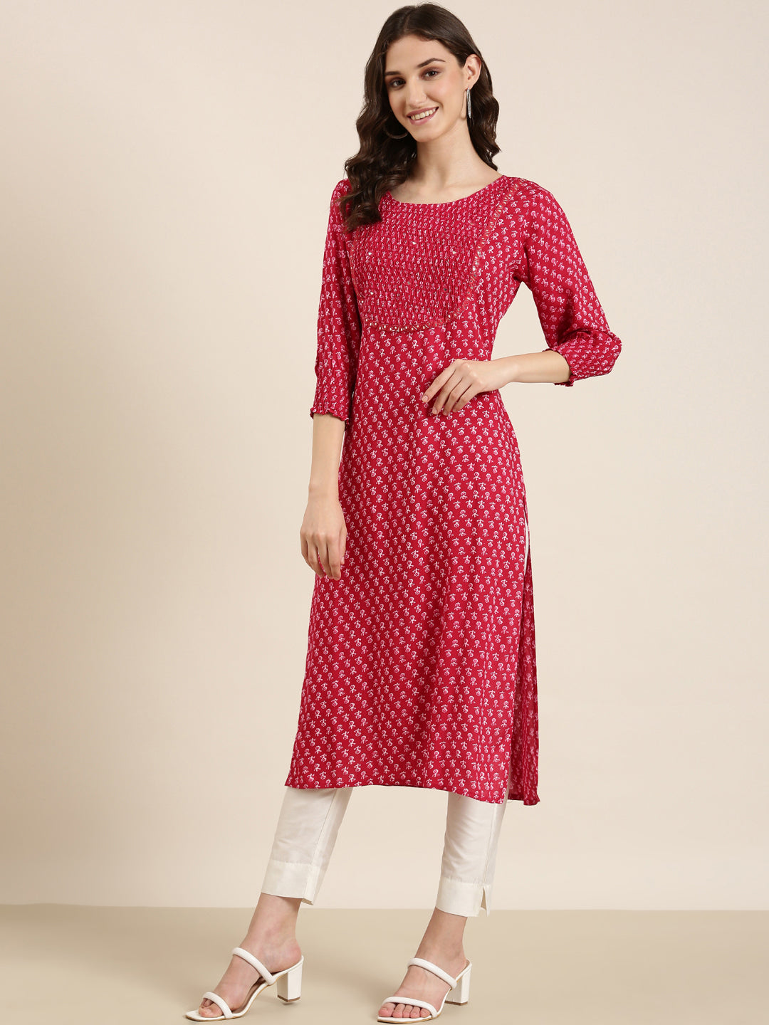 Women Fuchsia Floral Straight Kurta