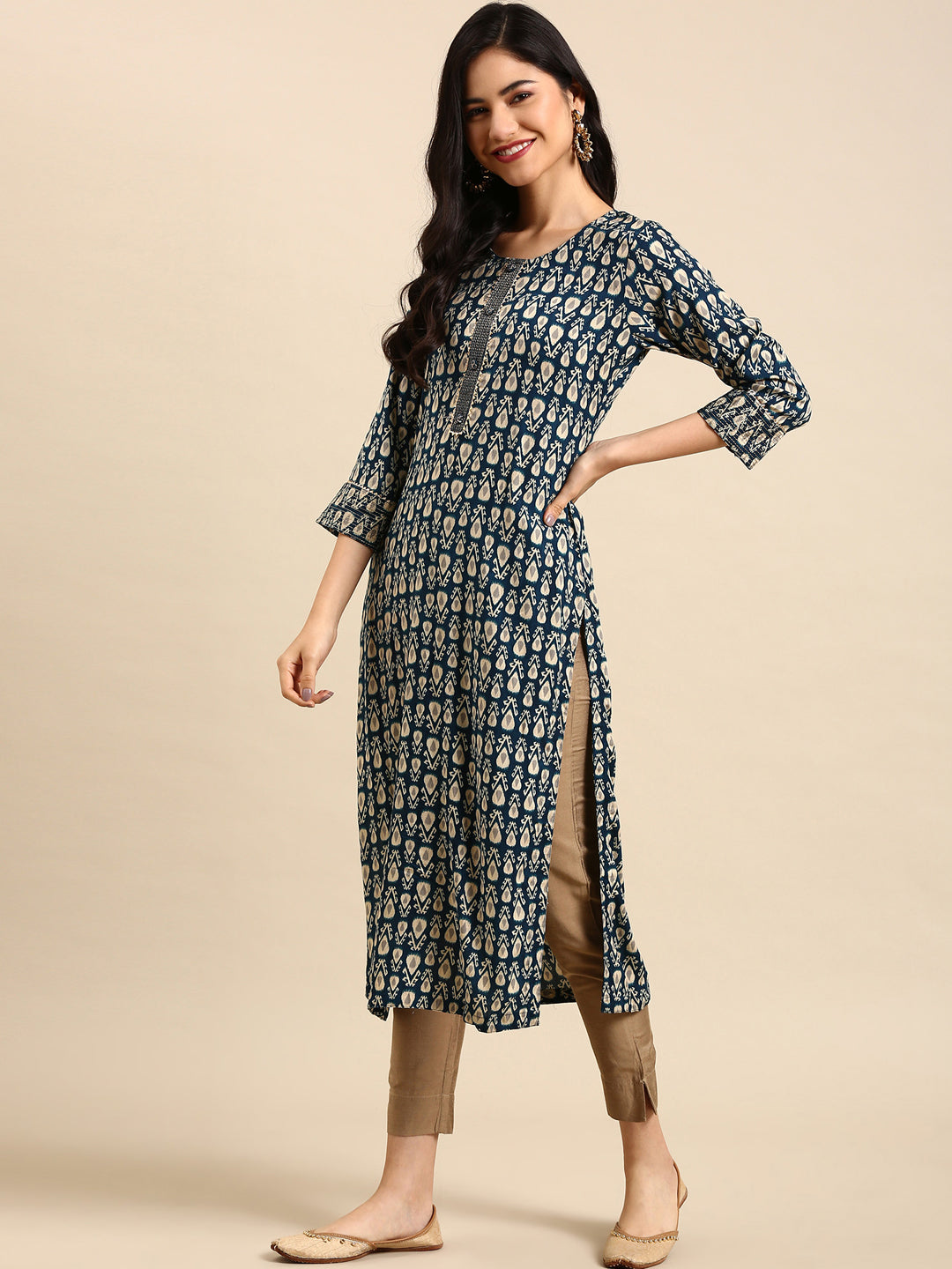 Women's Blue Printed Straight Kurta