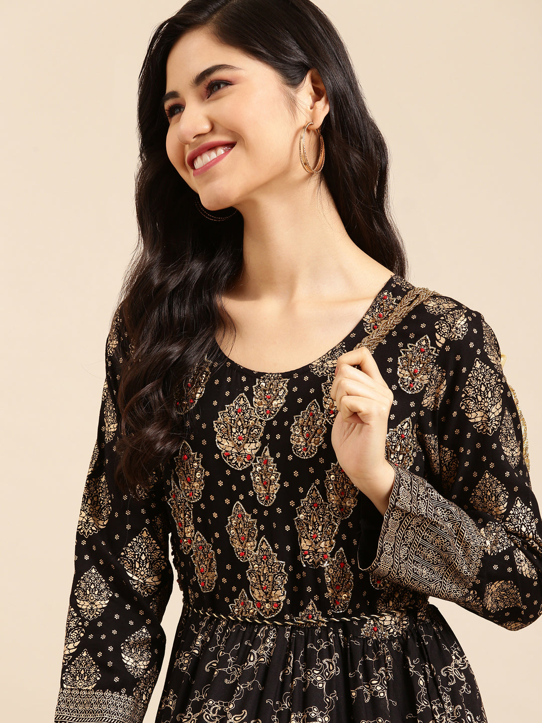 Women's Black Printed A-Line Kurta