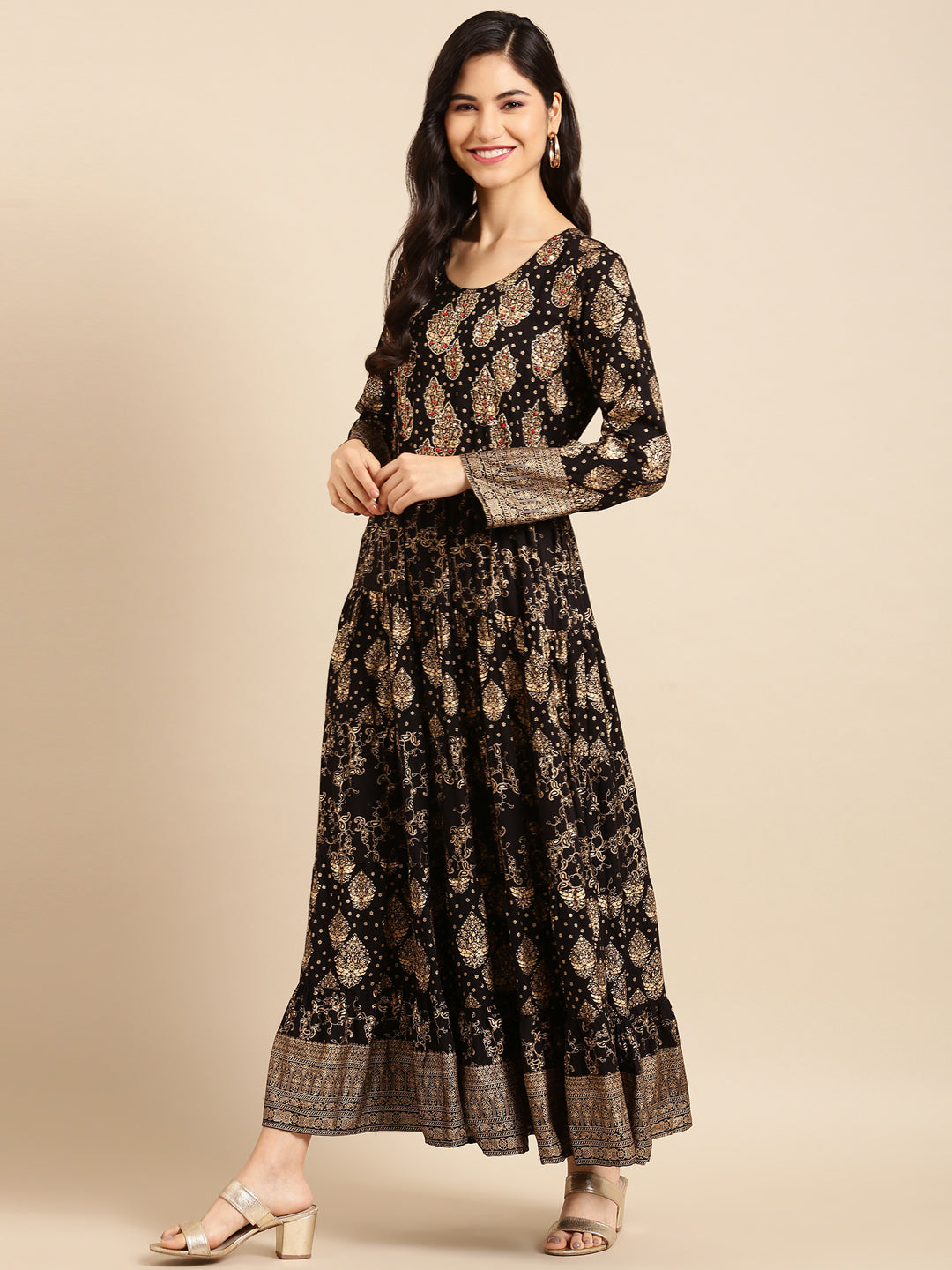 Women's Black Printed A-Line Kurta