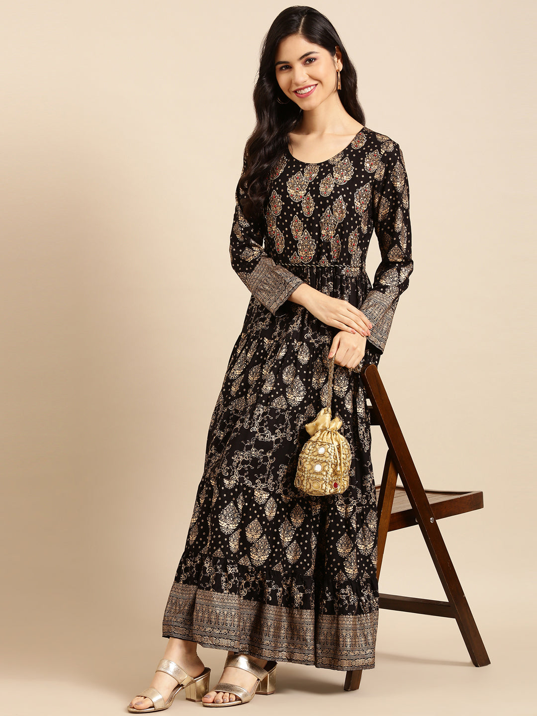 Women's Black Printed A-Line Kurta